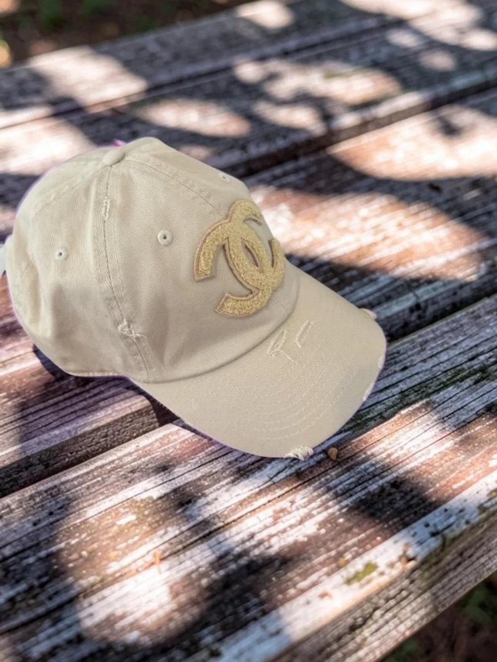 Designer Inspired Distressed Cream Baseball Cap with Textured Patch